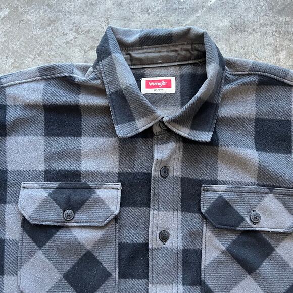 Wrangler Fleece Shirt Jacket Mens XXL Est Buffalo Plaid Button Up Shacket Grey - Picture 3 of 8